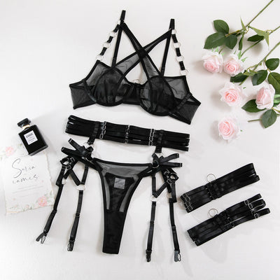 Mesh Garter Lingerie Set - Cross Straps And Ring Details