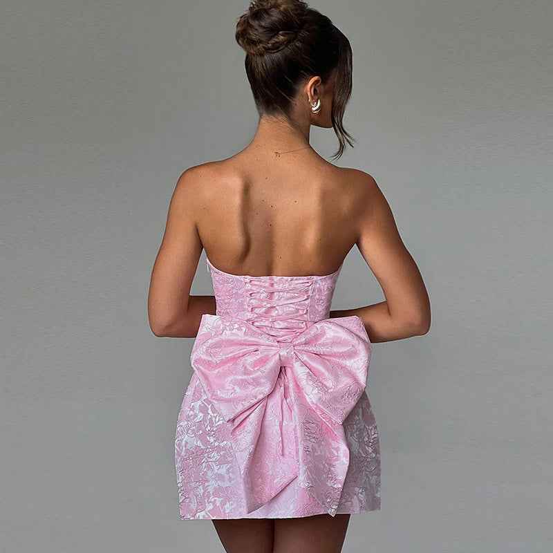 Jacquard Strapless Bow Mini Dress - A-Line Prom Gown