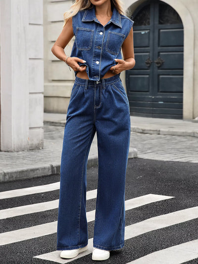 Button-Up Vest Denim Set - Sleeveless Top & Jeans Outfit - Fashions Envy