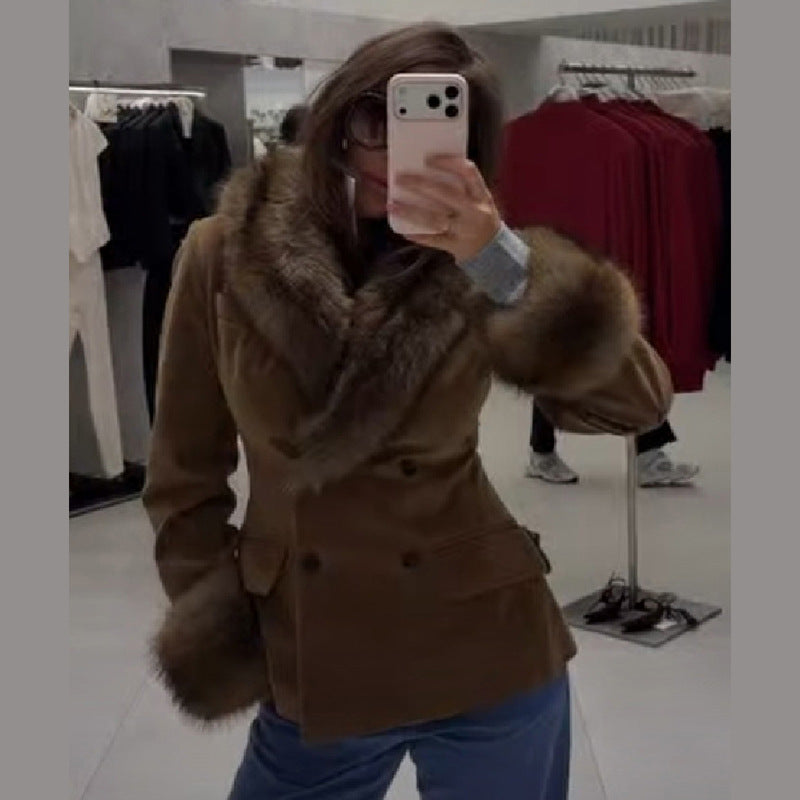 Brown Faux Suede Jacket - Plush Collar and Cuff Trim
