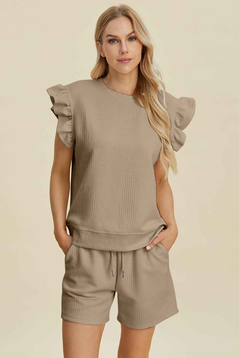Double Take Full Size Texture Round Neck Ruffle Sleeve Top and Shorts Set