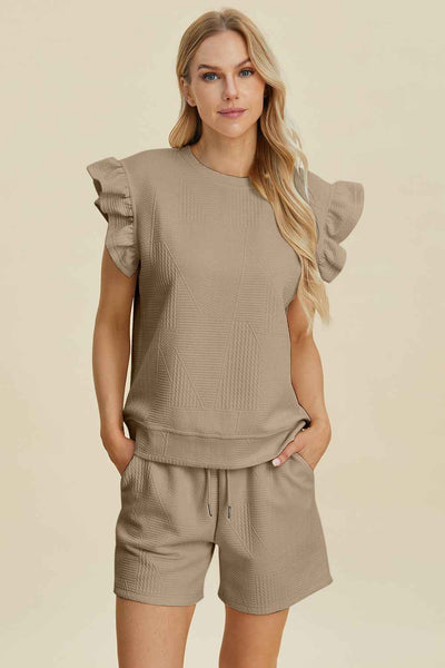 Double Take Full Size Texture Round Neck Ruffle Sleeve Top and Shorts Set
