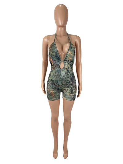 Halter Tie Romper - Plunge Cutout Keyhole Open Back Print