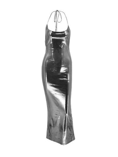 Ruched Halter Maxi Dress - Backless Tied Metallic Gown
