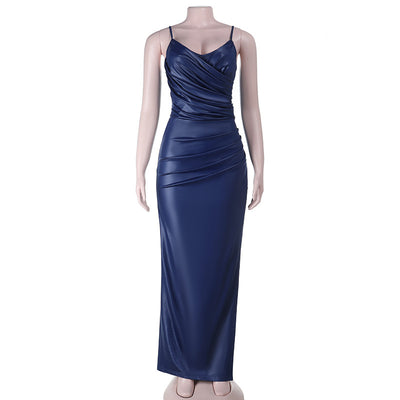 V-Neck Cinched Waist Maxi Dress - Sleeveless Hip Sculpting
