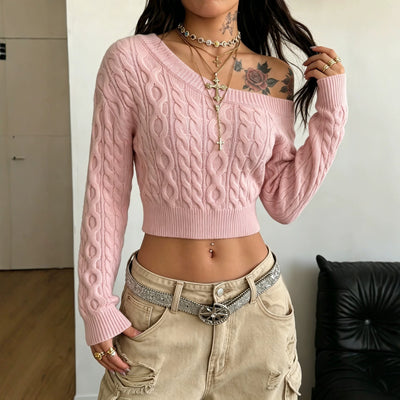 Chic Off-Shoulder Knitted Sweater for Women, Short Crop Top, Long Sleeve, Fitted Slim Fit, Ribbed Knit Pullover, Sexy and Stylish Upperwear