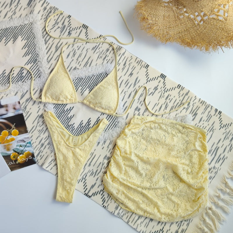 Lace Triangle Halter Bikini Set - Three Piece with Mini Skirt