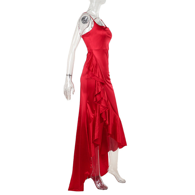 Satin Ruffle Hem Maxi Dress - Spaghetti Strap Asymmetric Slit Gown