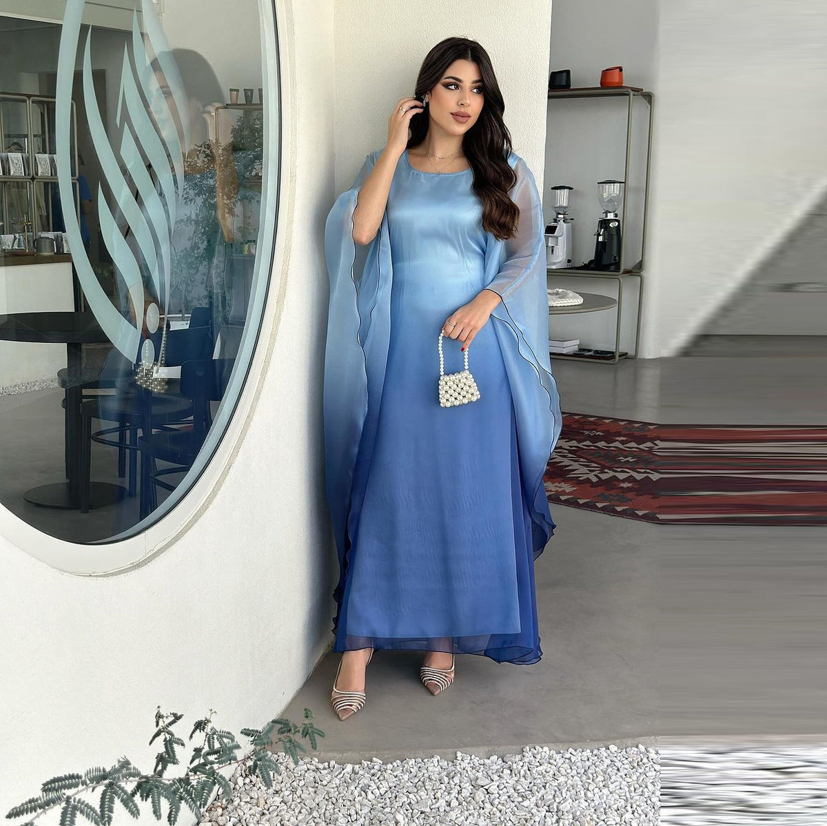 Ombre satin maxi dress with sheer draped batwing sleeves, blue ombre