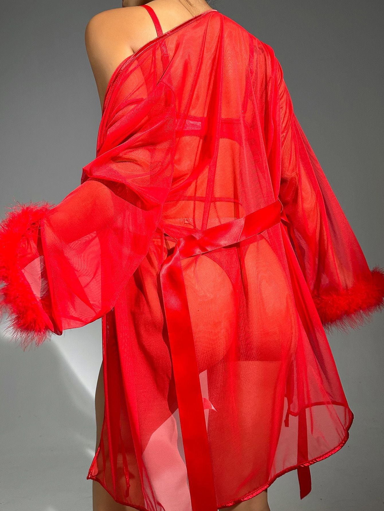 Lace Bra Lingerie Set - Sheer Feather Cuff Robe Included