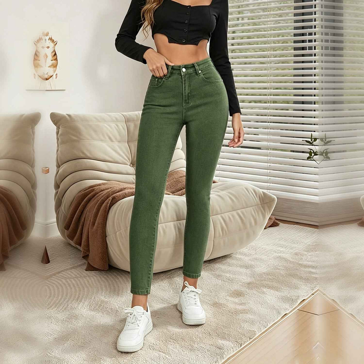 Army Green High Waist Skinny Jeans - Tapered Leg Fit