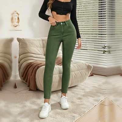 Army Green High Waist Skinny Jeans - Tapered Leg Fit