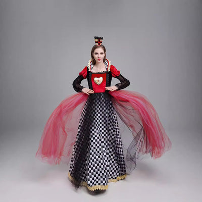 Queen of Hearts costume dress front, red heart bodice, black checker skirt, full red tulle