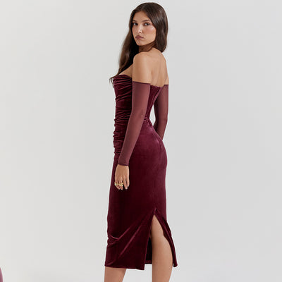 Burgundy one-shoulder suede pleated dress with long sleeves and mid-length straight skirt, featuring a side slit.