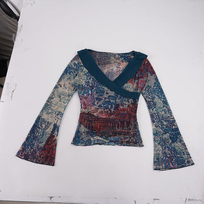 Floral Mesh V-Neck Top - Bell Sleeves & Shaped Hem