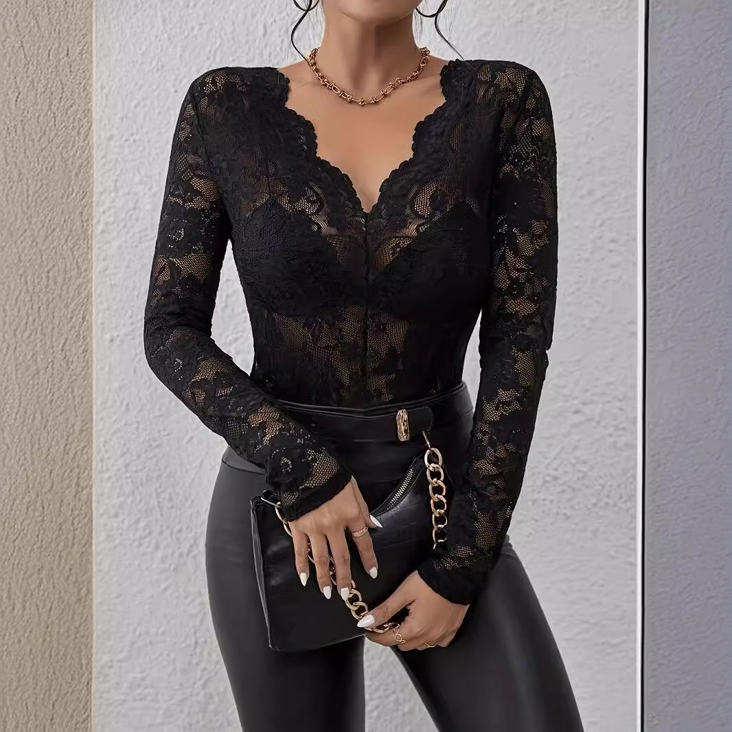 Intimate Lace Top - Sheer Floral Fan-Shaped Decoration