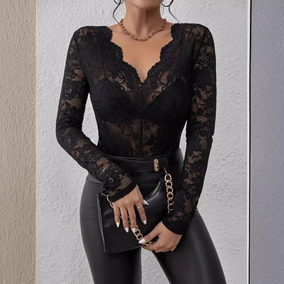 Intimate Lace Top - Sheer Floral Fan-Shaped Decoration