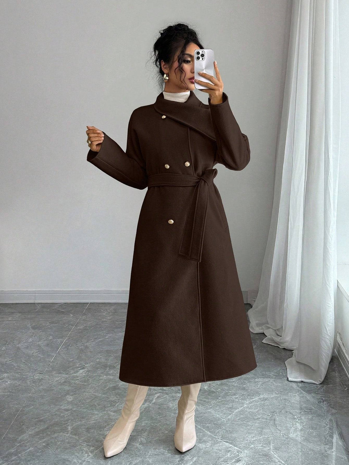 Double-Breasted Long Coat - Waist Tie & Wide Lapels