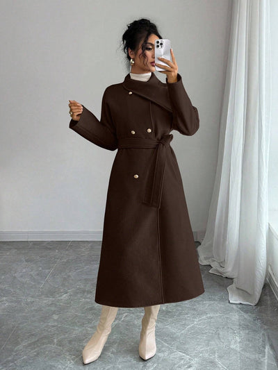 Double-Breasted Long Coat - Waist Tie & Wide Lapels