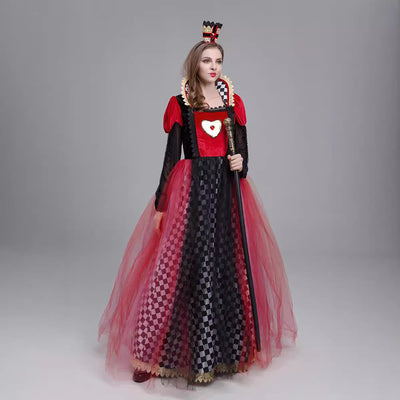 Queen of Hearts costume dress back view, black checker skirt, red heart bodice, ribbon bow