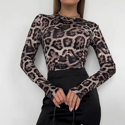 Leopard Print Mesh Top - Long Sleeve Sheer Fitted Bodysuit