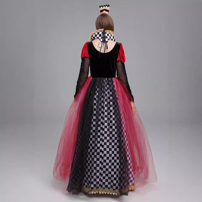 Queen of Hearts costume dress back view, open neckline with bow, black checker skirt, tulle