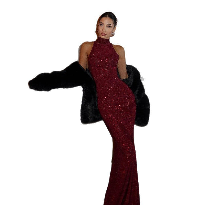 Mock Neck Sequin Prom Dress - Sleeveless Bodycon Gown