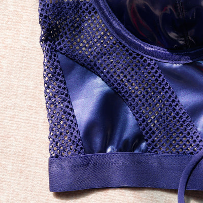 Sheer Mesh Lingerie Set - Glossy Panels And Lace-Up Front