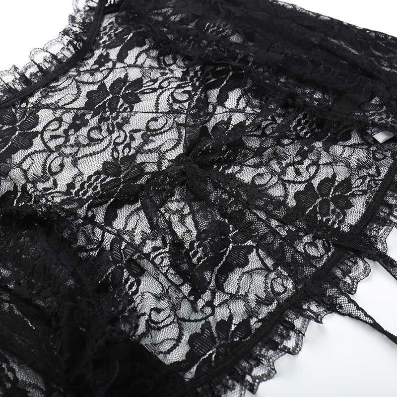 Black Lace Cropped Top - Dramatic Flared Sleeve Shrug