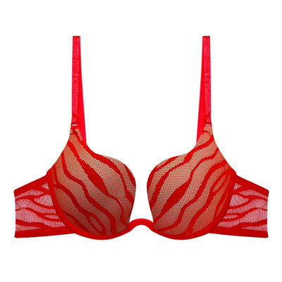 Red wavy mesh plunge bra and matching underwear set