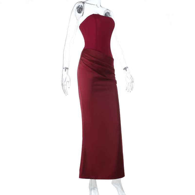 Burgundy Strapless Satin Maxi Dress - Slim Fit Prom Gown