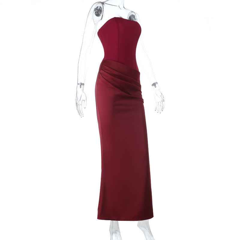 Burgundy Strapless Satin Maxi Dress - Slim Fit Prom Gown