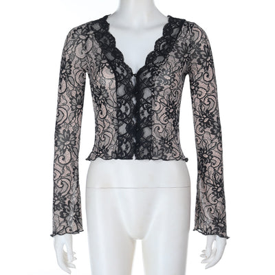 Black Lace Top - Deep V Long Sleeve Slim Fit - Fashions Envy