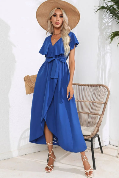 Tied Front Midi Dress - Ruffle Short Sleeve Slit Hem
