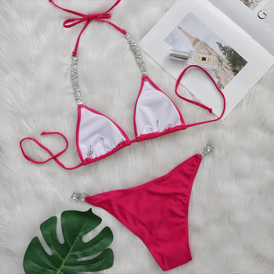 Hot pink triangle bikini set with rhinestone trim and tie string bottoms