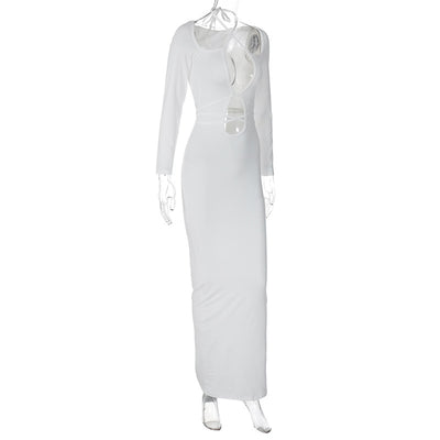 White lace-up cutout bodycon maxi dress with long sleeves and cross-strap detail
