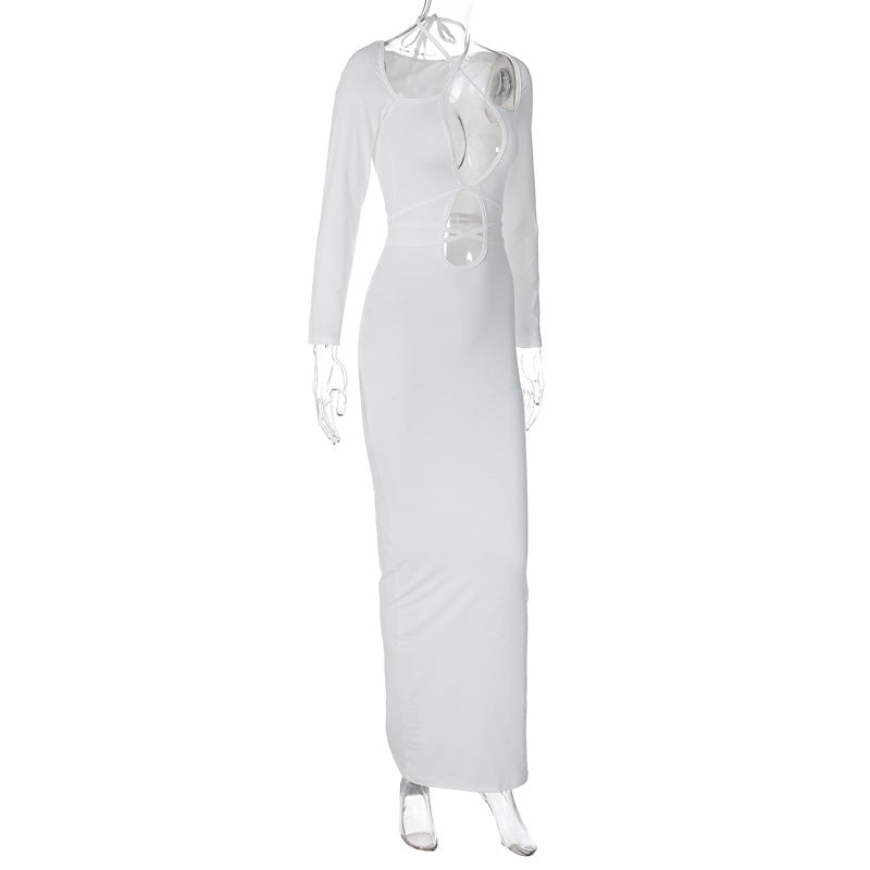 White lace-up cutout bodycon maxi dress with long sleeves and cross-strap detail