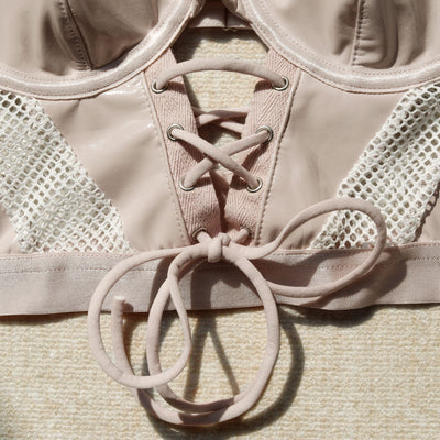 Sheer Mesh Lingerie Set - Glossy Panels And Lace-Up Front