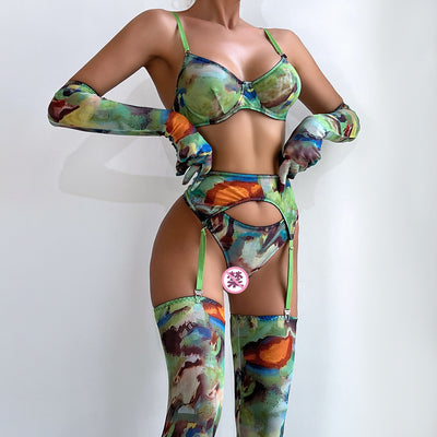 Abstract Print Mesh Five-Piece Lingerie Set - Garter and Gloves