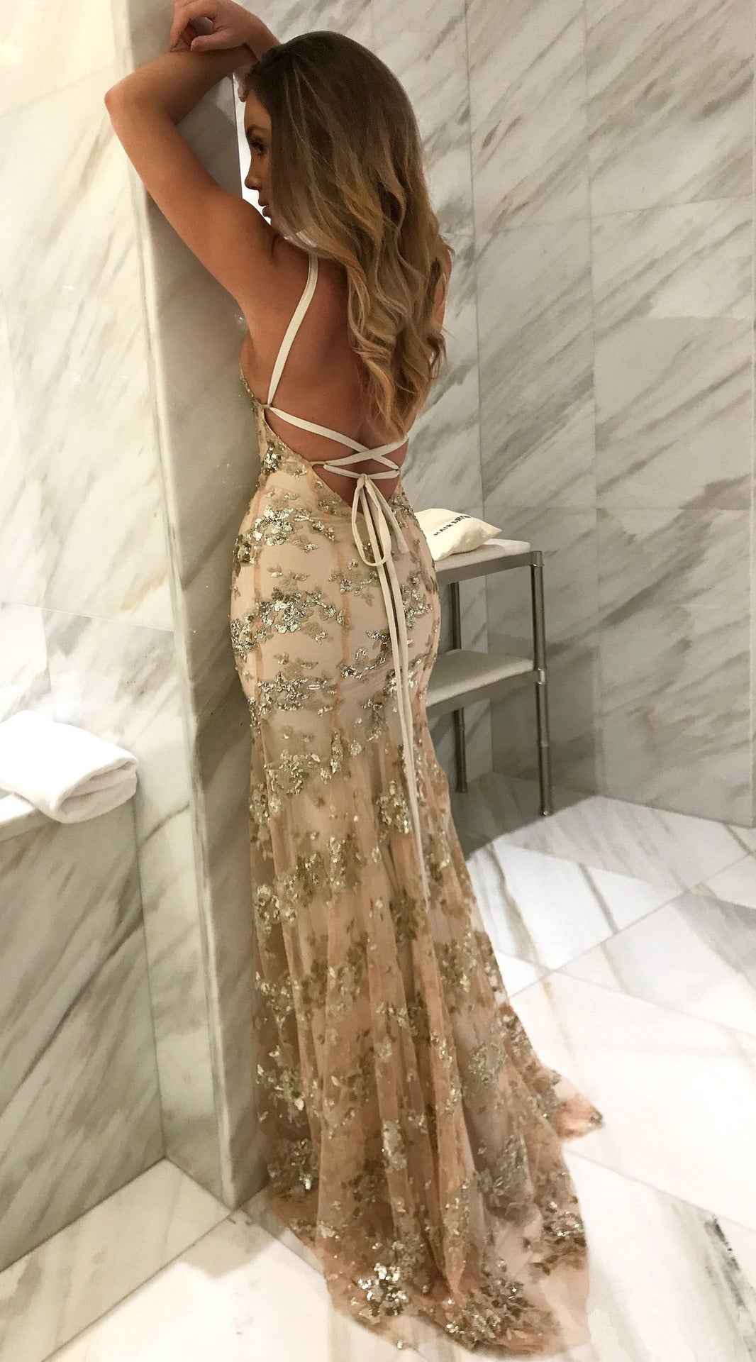 Sequin Lace-Up Back Maxi Dress - Deep V-Neck Spaghetti Strap Gown