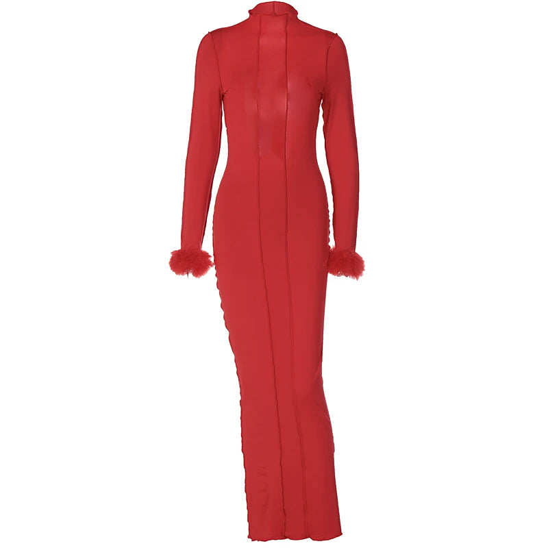 Red Feather Trim Prom Dress - Long Sleeve Maxi Gown