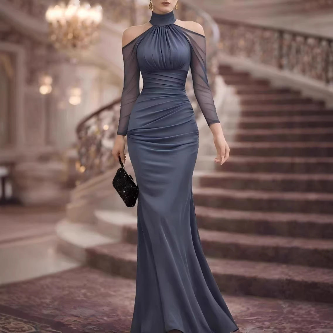 Dusty blue sheer long-sleeve evening gown with high halter neck, ruched fitted skirt