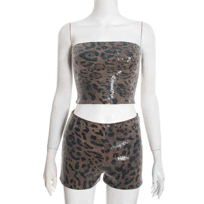 Sexy Leopard Print Outfit Set - Sequin Crop Top Fitted High-Waisted Shorts
