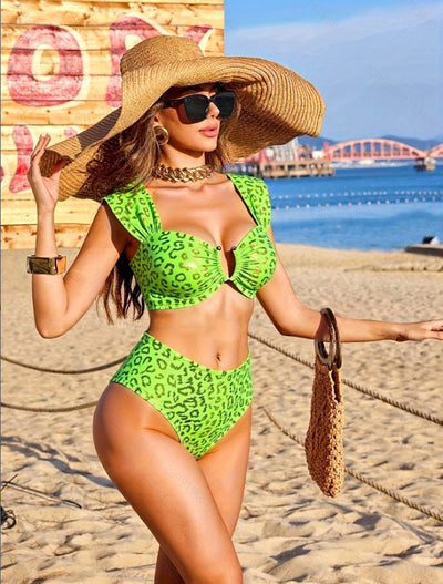 Neon Green Leopard Bikini Set - O-Ring Underwire High Waist