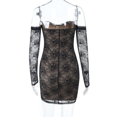 Sweetheart Neck Lace Dress - Long Sleeve Bodycon Mini - Fashions Envy