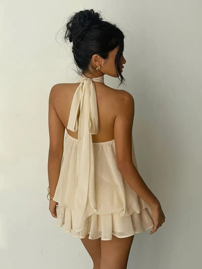Backless Halter Neck Tiered Mini Dress - Chiffon Vacation Dress
