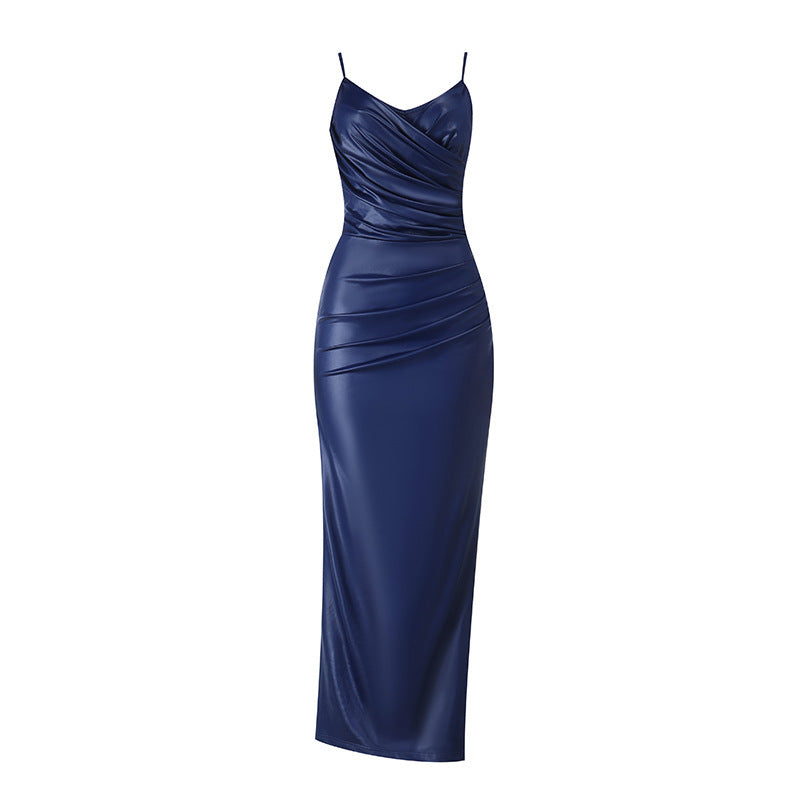 V-Neck Cinched Waist Maxi Dress - Sleeveless Hip Sculpting