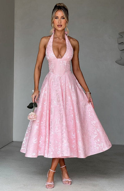 Jacquard Halter Midi Dress - Deep V Corset Waist A-Line Skirt