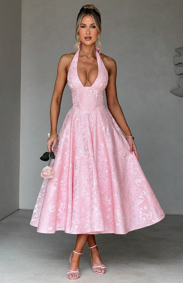 Jacquard Halter Midi Dress - Deep V Corset Waist A-Line Skirt