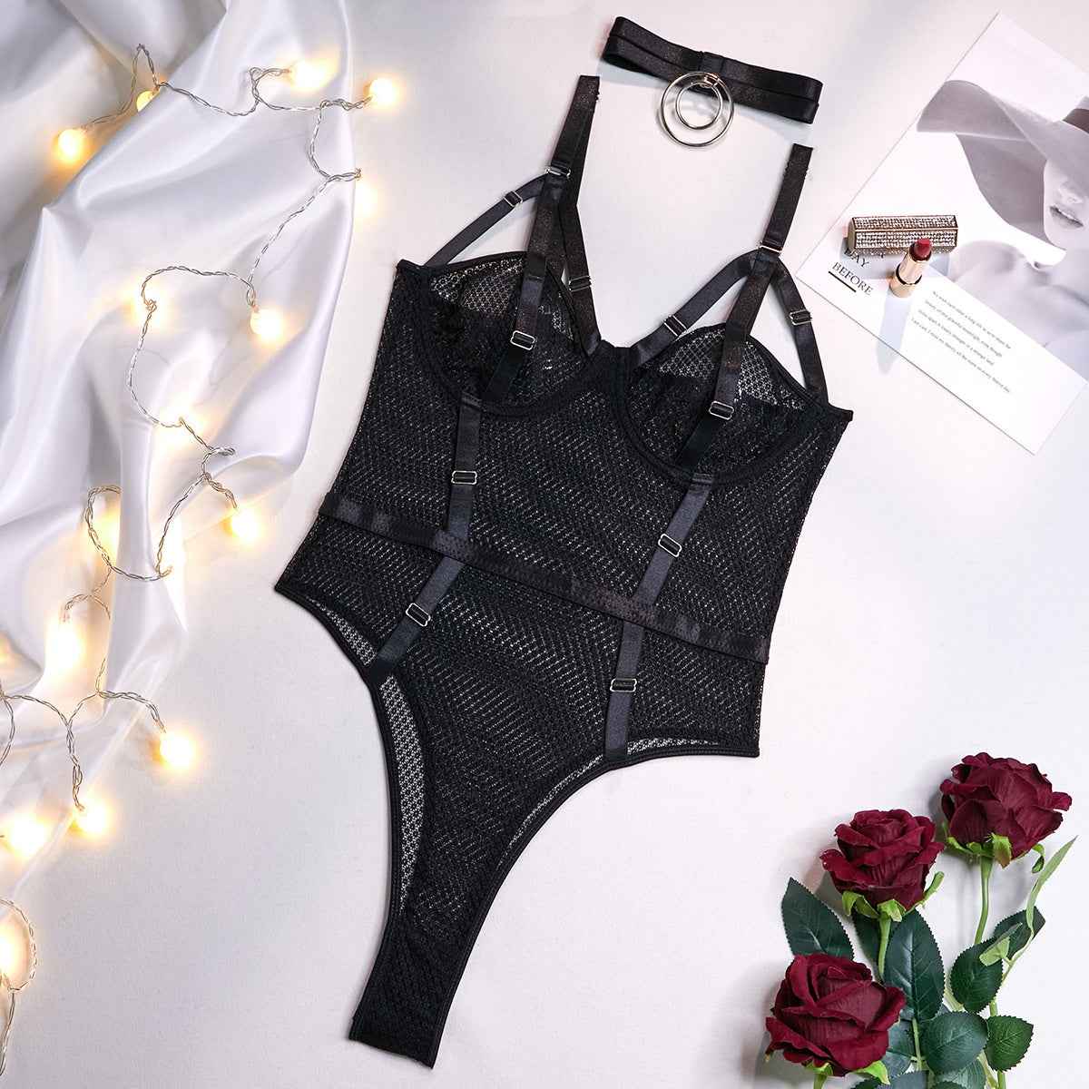 Sexy Lace Bodysuit with Choker - Slim Fit and Steel Ring Support